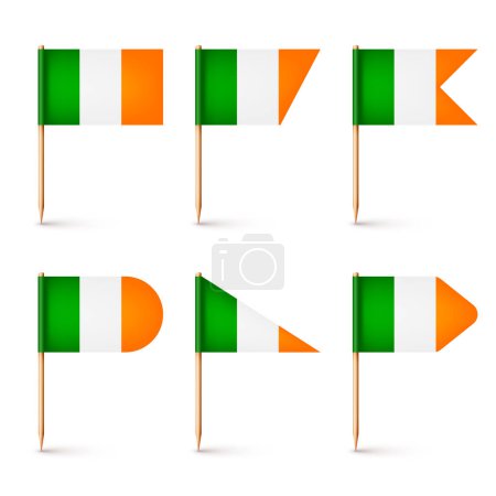 Illustration for Realistic various Irish toothpick flags. Souvenir from Ireland. Wooden toothpicks with paper flag. Location mark, map pointer. Blank mockup for advertising and promotions. Vector illustration. - Royalty Free Image