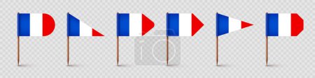Illustration for Realistic various French toothpick flags. Souvenir from France. Wooden toothpicks with paper flag. Location mark, map pointer. Blank mockup for advertising and promotions. Vector illustration. - Royalty Free Image