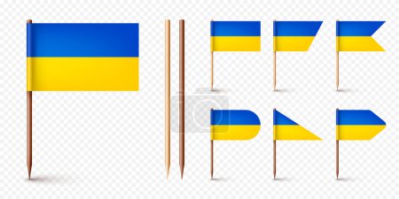 Illustration for Realistic various Ukrainian toothpick flags. Souvenir from Ukraine. Wooden toothpicks with paper flag. Location mark, map pointer. Blank mockup for advertising and promotions. Vector illustration. - Royalty Free Image
