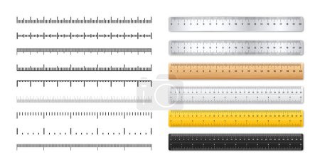 Illustration for Realistic metal and plastic rulers. Measurement scales with divisions. Scale for measuring length or height in centimeters, inches. Ruler, tape measure marks, size indicators. Vector illustration. - Royalty Free Image