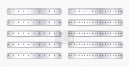 Illustration for Realistic various shiny metal rulers with measurement scale and divisions, measure marks. School ruler, centimeter and inch scale for length measuring. Office supplies. Vector illustration. - Royalty Free Image
