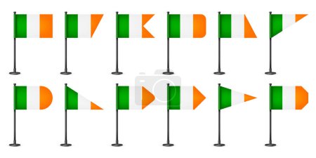 Illustration for Realistic various Irish table flags on a black steel pole. Souvenir from Ireland. Desk flag made of paper or fabric, shiny metal stand. Mockup for promotion and advertising. Vector illustration. - Royalty Free Image