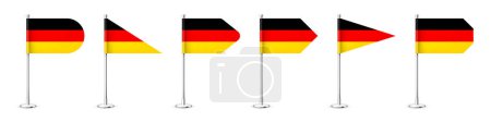 Illustration for Realistic various German table flags on a chrome steel pole. Souvenir from Germany. Desk flag made of paper or fabric, shiny metal stand. Mockup for promotion and advertising. Vector illustration. - Royalty Free Image