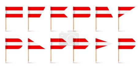Illustration for Realistic various Austrian toothpick flags. Souvenir from Austria. Wooden toothpicks with paper flag. Location mark, map pointer. Blank mockup for advertising and promotions. Vector illustration. - Royalty Free Image