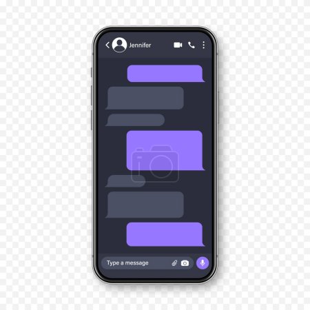 Illustration for Realistic smartphone with messaging app. Blank SMS text frame. Conversation chat screen with violet message bubbles. Social media application. Vector illustration - Royalty Free Image