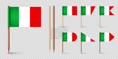 Illustration for Realistic various Italian toothpick flags. Souvenir from Italy. Wooden toothpicks with paper flag. Location mark, map pointer. Blank mockup for advertising and promotions. Vector illustration. - Royalty Free Image