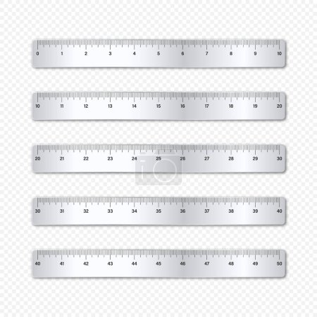 Illustration for Realistic various shiny metal rulers with measurement scale and divisions, measure marks. School ruler, inch scale for length measuring. Office supplies. Vector illustration. - Royalty Free Image