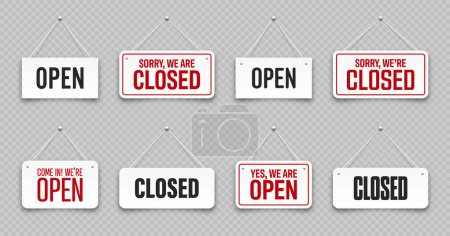 Illustration for Realistic open or closed hanging signboards. Vintage door sign for cafe, restaurant, bar or retail store. Announcement banner, information signage for business or service. Vector illustration. - Royalty Free Image