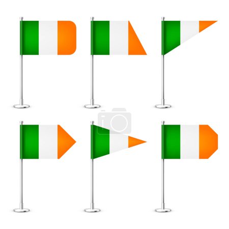 Illustration for Realistic various Iriah table flags on a chrome steel pole. Souvenir from Ireland. Desk flag made of paper or fabric, shiny metal stand. Mockup for promotion and advertising. Vector illustration. - Royalty Free Image