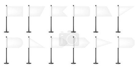 Illustration for Realistic various table flags on a steel pole. Blank white desk flag made of paper or fabric. Black metal stand. Mockup for promotion and advertising. Vector illustration. - Royalty Free Image