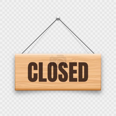 Illustration for Wooden closed hanging signboard. Vintage made of wood door sign for cafe, restaurant, bar or retail store. Announcement banner, information signage for business or service. Vector illustration. - Royalty Free Image