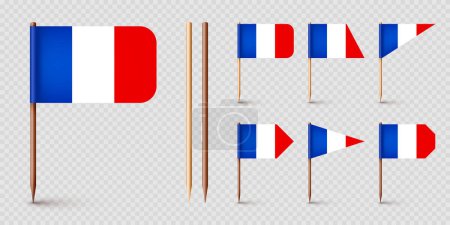 Illustration for Realistic various French toothpick flags. Souvenir from France. Wooden toothpicks with paper flag. Location mark, map pointer. Blank mockup for advertising and promotions. Vector illustration. - Royalty Free Image