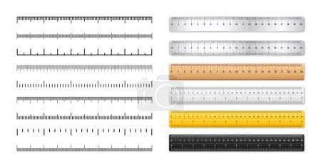 Illustration for Realistic metal and plastic rulers. Measurement scales with divisions. Scale for measuring length or height in centimeters, inches. Ruler, tape measure marks, size indicators. Vector illustration. - Royalty Free Image