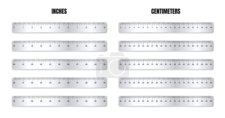 Illustration for Realistic various shiny metal rulers with measurement scale and divisions, measure marks. School ruler, centimeter and inch scale for length measuring. Office supplies. Vector illustration. - Royalty Free Image