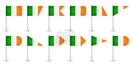 Illustration for Realistic various Iriah table flags on a chrome steel pole. Souvenir from Ireland. Desk flag made of paper or fabric, shiny metal stand. Mockup for promotion and advertising. Vector illustration. - Royalty Free Image