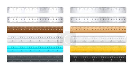 Illustration for Realistic various metal and plastic rulers with measurement scale and divisions, measure marks. School ruler, centimeter and inch scale for length measuring. Office supplies. Vector illustration. - Royalty Free Image