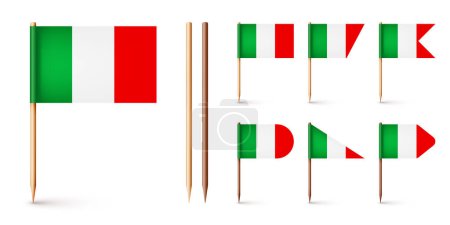 Illustration for Realistic various Italian toothpick flags. Souvenir from Italy. Wooden toothpicks with paper flag. Location mark, map pointer. Blank mockup for advertising and promotions. Vector illustration. - Royalty Free Image