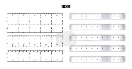 Illustration for Realistic metal rulers with black inch scale for measuring length or height. Various measurement scales with divisions. Ruler, tape measure marks, size indicators. Vector illustration. - Royalty Free Image