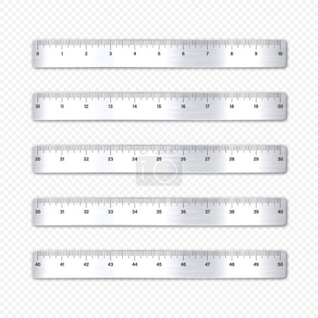 Illustration for Realistic various brushed metal rulers with measurement scale and divisions, measure marks. School ruler, inch scale for length measuring. Office supplies. Vector illustration. - Royalty Free Image