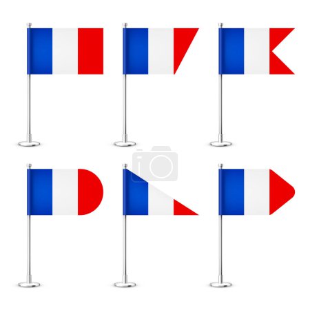 Illustration for Realistic various French table flags on a chrome steel pole. Souvenir from France. Desk flag made of paper or fabric, shiny metal stand. Mockup for promotion and advertising. Vector illustration. - Royalty Free Image
