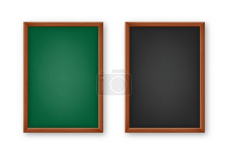 Ilustración de Realistic blank chalkboard in a wooden frame. School blackboard with traces of chalk, writing surface for text or drawing. Presentation board, online studying and e-learning. Vector illustration. - Imagen libre de derechos
