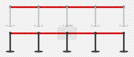 Illustration for Realistic red retractable belt stanchion. Crowd control barrier posts with caution strap. Queue lines. Restriction border and danger tape. Attention, warning sign. Vector illustration. - Royalty Free Image
