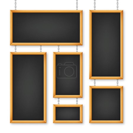 Illustration for Signboards in a wooden frame hanging on a metal chain. Restaurant menu board. School chalkboard, writing surface for text or drawing. Blank advertising or presentation boards. Vector illustration. - Royalty Free Image