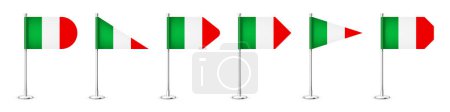 Illustration for Realistic various Italian table flags on a chrome steel pole. Souvenir from Italy. Desk flag made of paper or fabric, shiny metal stand. Mockup for promotion and advertising. Vector illustration. - Royalty Free Image