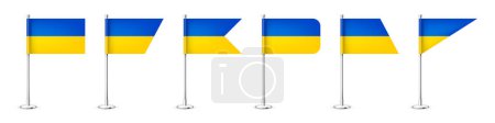 Illustration for Realistic various Ukrainian table flags on a chrome steel pole. Souvenir from Ukraine. Desk flag made of paper or fabric, shiny metal stand. Mockup for promotion and advertising. Vector illustration. - Royalty Free Image