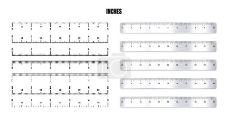 Illustration for Realistic metal rulers with black inch scale for measuring length or height. Various measurement scales with divisions. Ruler, tape measure marks, size indicators. Vector illustration. - Royalty Free Image