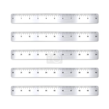 Illustration for Realistic various brushed metal rulers with measurement scale and divisions, measure marks. School ruler, inch scale for length measuring. Office supplies. Vector illustration. - Royalty Free Image