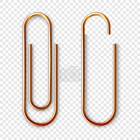 Realistic copper paperclip attached to paper isolated on white background. Shiny metal paper clip, page holder, binder. Workplace office supplies. Vector illustration.