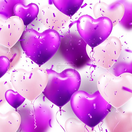 Illustration for Valentines Day background with violet heart balloons. Wedding invitation card template, love banner. Mothers Day greeting cards. Beautiful romantic banner. Vector illustration. - Royalty Free Image