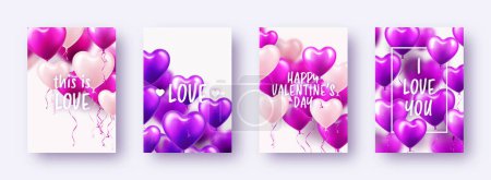 Illustration for Valentines Day banners with violet heart balloons and text. Wedding invitation card template, love background. Mothers Day greeting cards. Beautiful romantic banner. Vector illustration. - Royalty Free Image