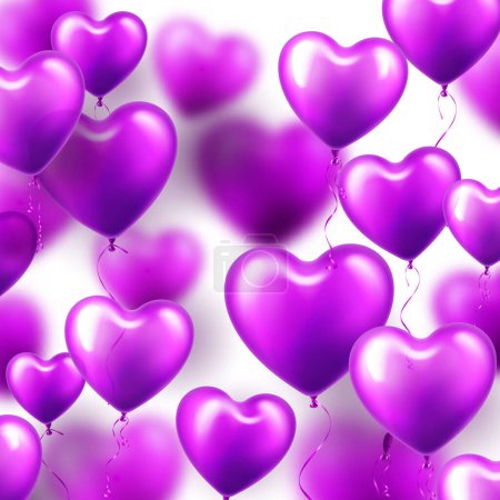 Illustration for Valentines Day background with violet heart balloons. Wedding invitation card template, love banner. Mothers Day greeting cards. Beautiful romantic banner. Vector illustration. - Royalty Free Image