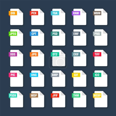 Illustration for Common system file formats. Document types and extensions. Flat style icons collection. Document pictogram, web design UI element, template. Computer program or application icon. Vector illustration. - Royalty Free Image