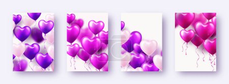 Illustration for Valentines Day banners with violet heart balloons. Wedding invitation card template, love background. Mothers Day greeting cards. Beautiful romantic banner. Vector illustration. - Royalty Free Image
