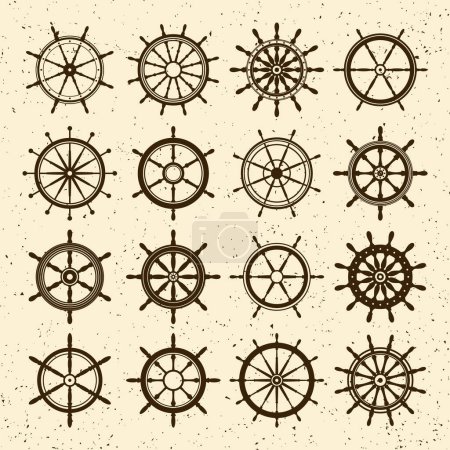 Illustration for Collection of grunge vintage steering wheels. Ship, yacht retro wheel symbol. Nautical rudder icon. Marine design element. Vector illustration. - Royalty Free Image