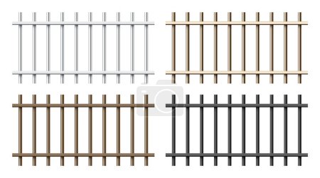 Various shiny metal prison bars isolated on white background. Realistic detailed jail cage, prison iron fence. Criminal background mockup. Vector illustration.