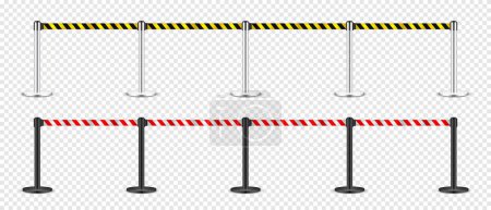 Ilustración de Realistic yellow and red retractable belt stanchion. Crowd control barrier posts with caution strap. Queue lines. Restriction border and danger tape. Attention, warning sign. Vector illustration. - Imagen libre de derechos