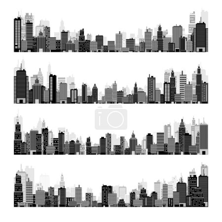 Des silhouettes de ville. Paysage urbain, horizon urbain, panorama horizontal. Midtown, centre-ville avec divers bâtiments, maisons et gratte-ciel. Illustration vectorielle.