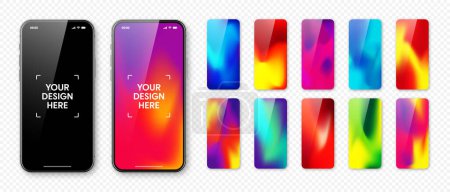 Smartphone with blank touch screen and abstract colorful background, wallpaper. Frameless mobile phone in front view. High quality detailed device mockup. Vector illustration.