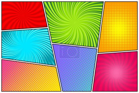 Illustration for Colorful twisted comic book radial rays, lines. Comics background with motion, speed lines. Pop art style elements. Vector illustration. - Royalty Free Image