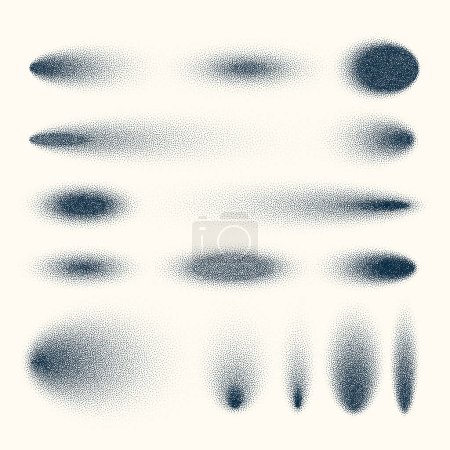 Stipple shadows set, vintage dotted design elements. Fading gradient. Stippling, dotwork drawing, shading using dots. Halftone disintegration effect. White noise grainy texture. Vector illustration.
