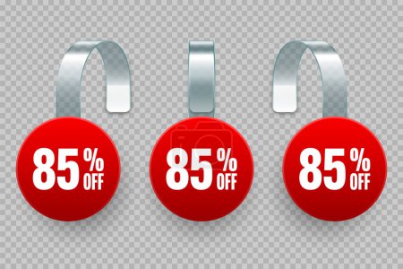 Illustration for Supermarket promotional wobblers. Realistic red wobbler template for shelf advertising, 85 percent off discount. Sale label with ad text. Special offer price tag. Vector illustration. - Royalty Free Image