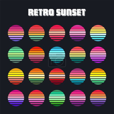 Illustration for Vintage sunset collection. Colorful striped sunrise badges in 80s and 90s style. Sun and ocean view, summer vibes, surfing. Design element for print, logo or t-shirt. Vector illustration. - Royalty Free Image
