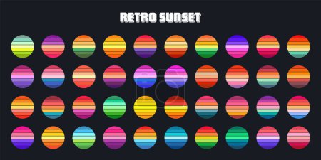 Illustration for Vintage sunset collection. Colorful striped sunrise badges in 80s and 90s style. Sun and ocean view, summer vibes, surfing. Design element for print, logo or t-shirt. Vector illustration. - Royalty Free Image