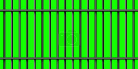 Black metal prison bars on green chroma key background. Detailed jail cage, prison iron fence. Criminal background mockup. Vector illustration.
