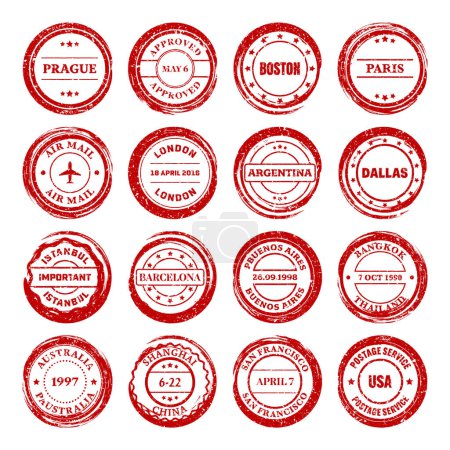 Post stamps, labels and badges. Grunge imprints and postmarks. Red vintage circle postcard watermarks. Used envelope design elements. Vector illustration.