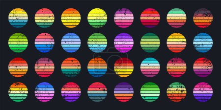 Illustration for Grunge vintage sunset collection. Colorful striped sunrise badges in 80s and 90s style. Sun and ocean view, summer vibes, surfing. Design element for print, logo or t-shirt. Vector illustration. - Royalty Free Image